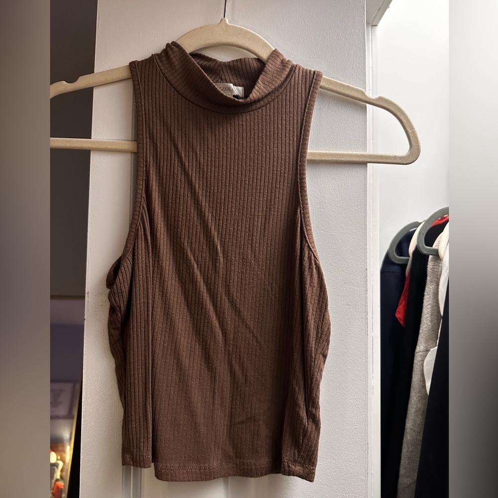 Brown Ribbed Mock Neck Tank